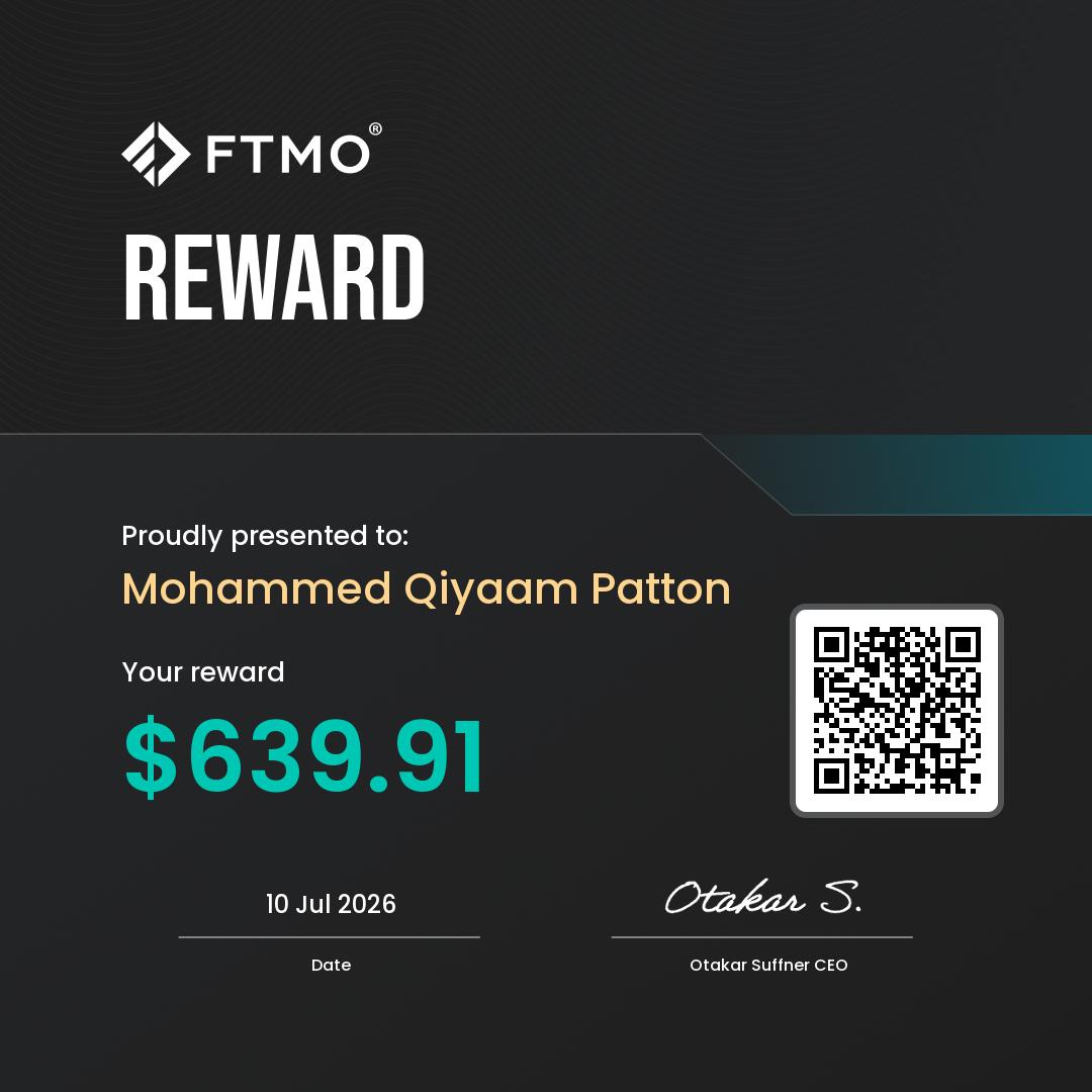 FTMO — M. Patton · Profit split $639.91 · Jul 2026