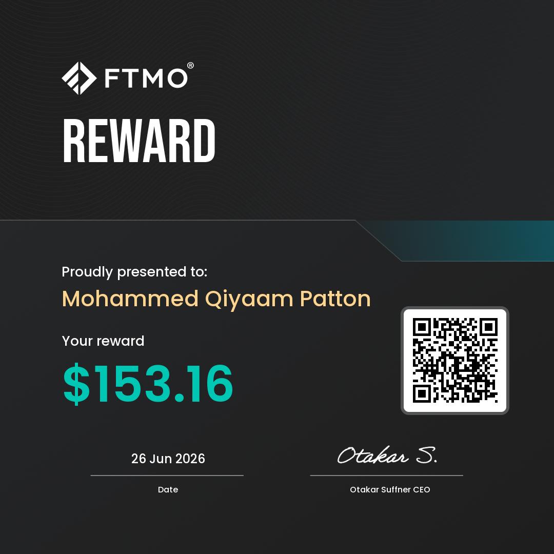 FTMO — M. Patton · Profit split $153.16 · Jun 2026