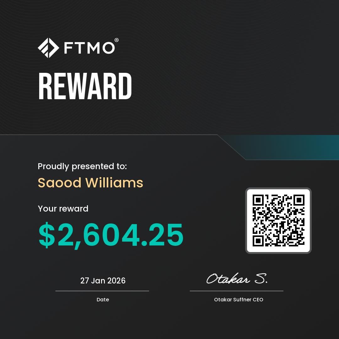 FTMO — Sa'ood Williams · Profit split $2,604.25 · 27 Jan 2026