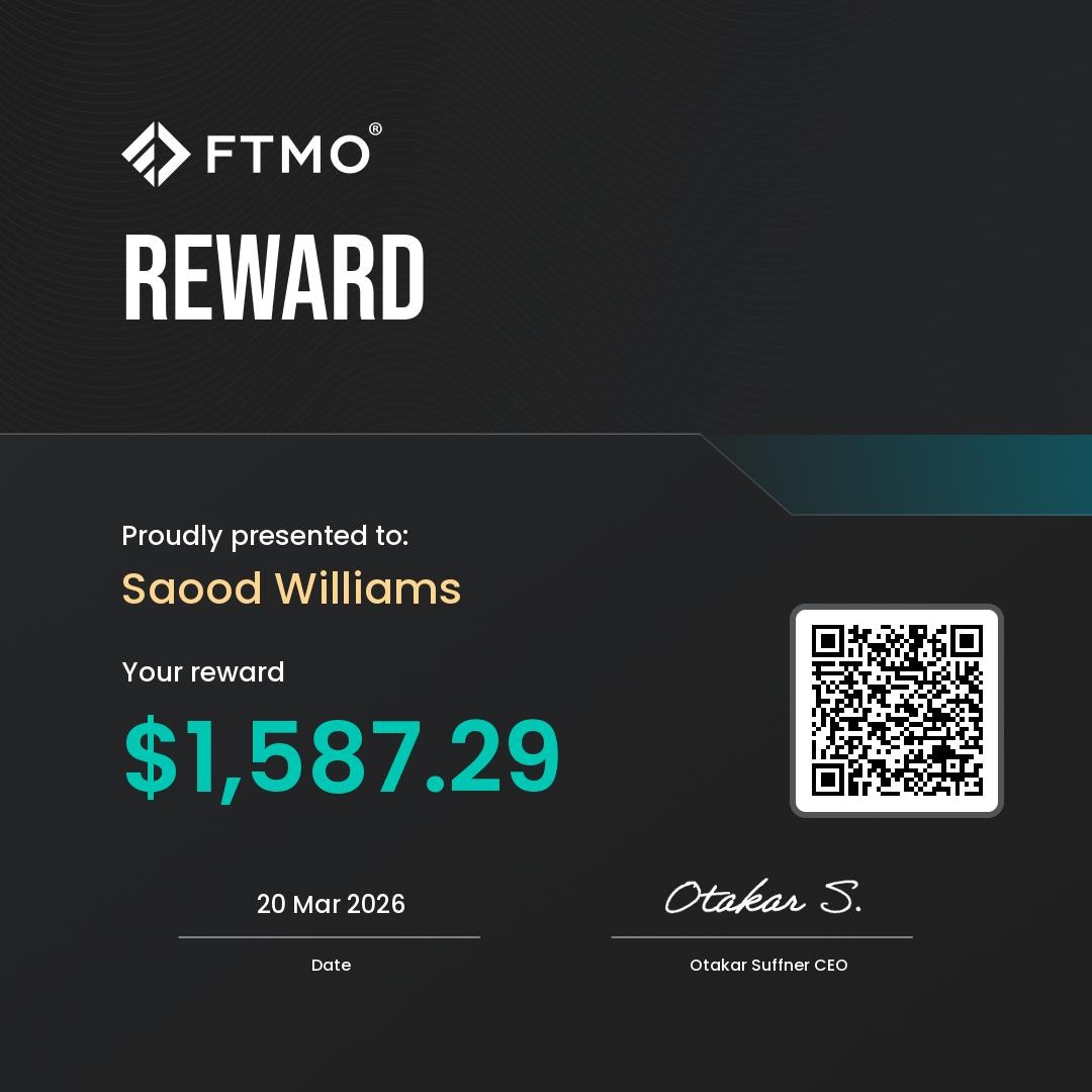 FTMO — Sa'ood Williams · Profit split $1,587.29 · 20 Mar 2026